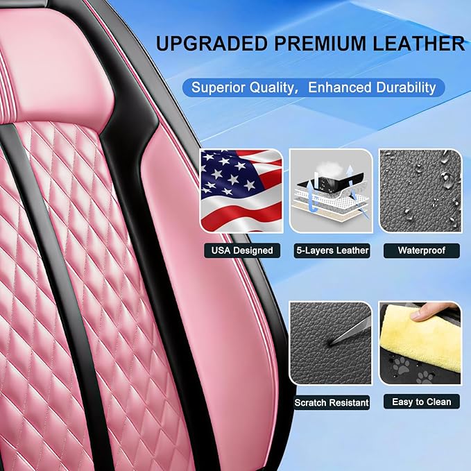 Fit Mazda 3 Car Seat Covers for Select Mazda 3 2010-2019 - Full Coverage Leather, Airbag Compatible, Waterproof & All Weather Seat Cushion Protector, Full Set, Black+Pink