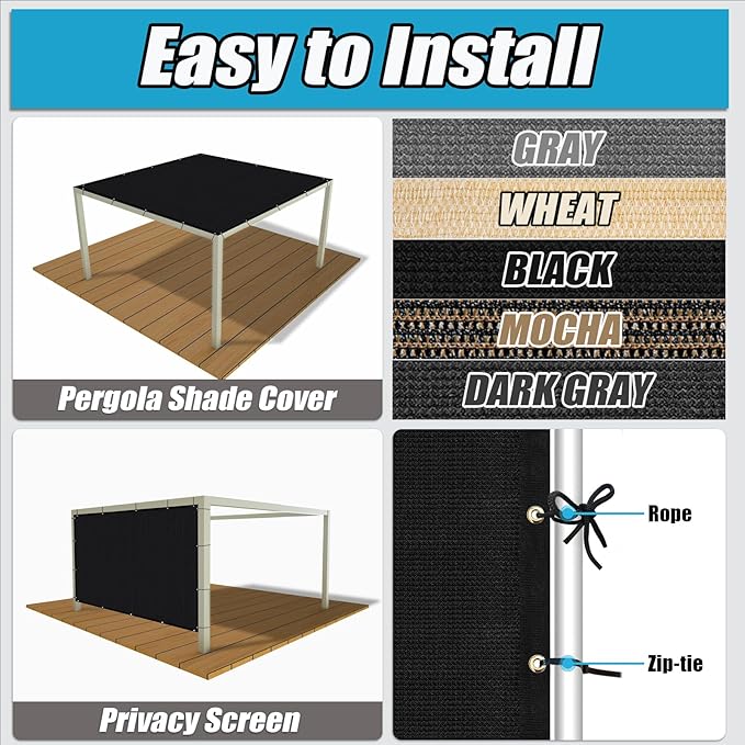 Amagenix 90% Shade Fabric 4'X 12' Black Sun Shade Cloth with Grommets for Pergola Replacement Shade Cover Canopy, Heavy Duty, Cable Zip Ties Included (We Customized)