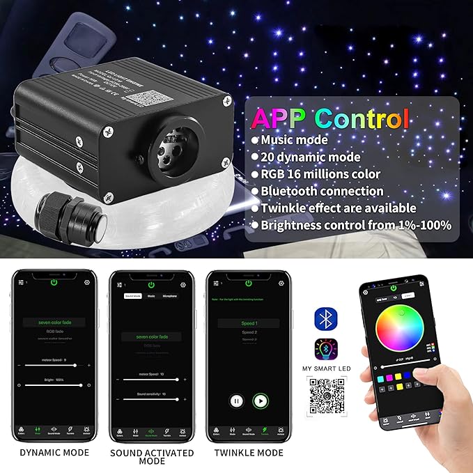 ATOKEE 16W Twinkle 600pcs Starlight Headliner Kit, 0.03in 9.8ft Fiber Strands Compact Size Car Star Roof Lights with Bluetooth APP/Remote Control