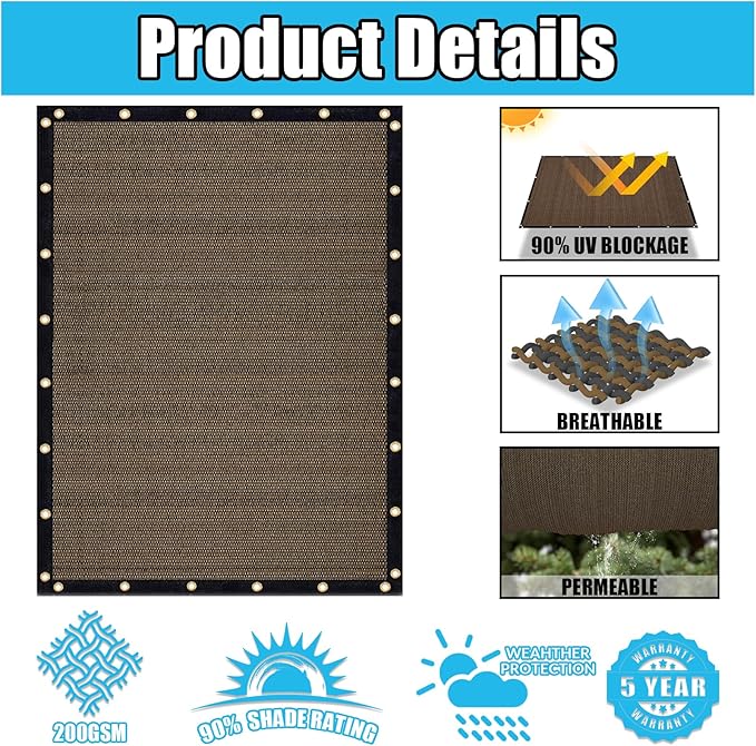 Amagenix 90% Shade Fabric 14'X 19' Mocha Sun Shade Cloth with Grommets for Pergola Replacement Shade Cover Canopy, Heavy Duty, Cable Zip Ties Included (We Customized)