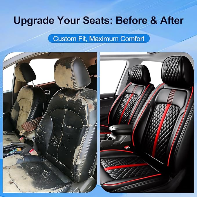 Fit Insight Car Seat Covers for Select Honda Insight 2010-2022, Premium Full Coverage Leather, Airbag Compatible & Scratch-Resistant, Waterproof All Weather Seat Protector, Full Set, Red Trim