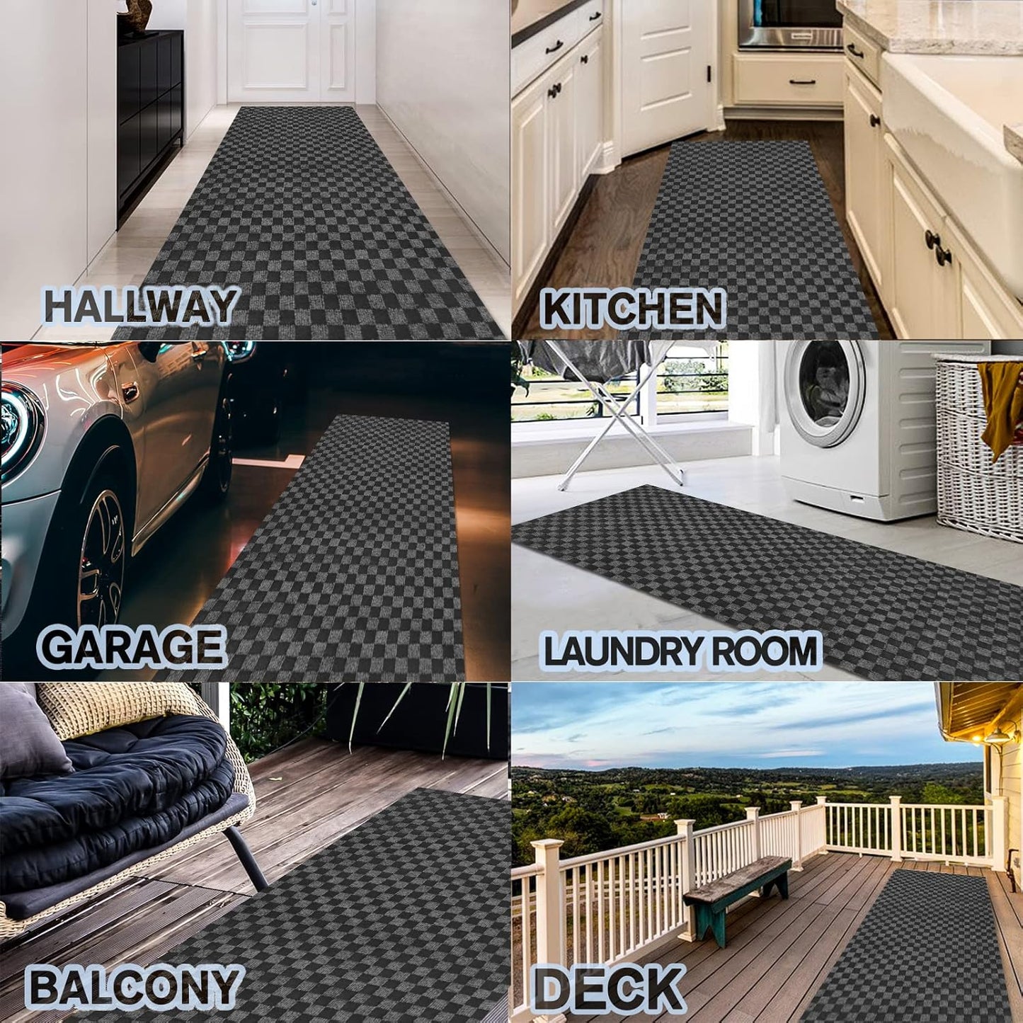 Custom Size Backed Non-Slip Area Rugs Runner, Easy Clean, Waterproof Runner Rugs for Hallway Entryway, Kitchen, Laundry, 2FT x 49FT, Gray Checkered