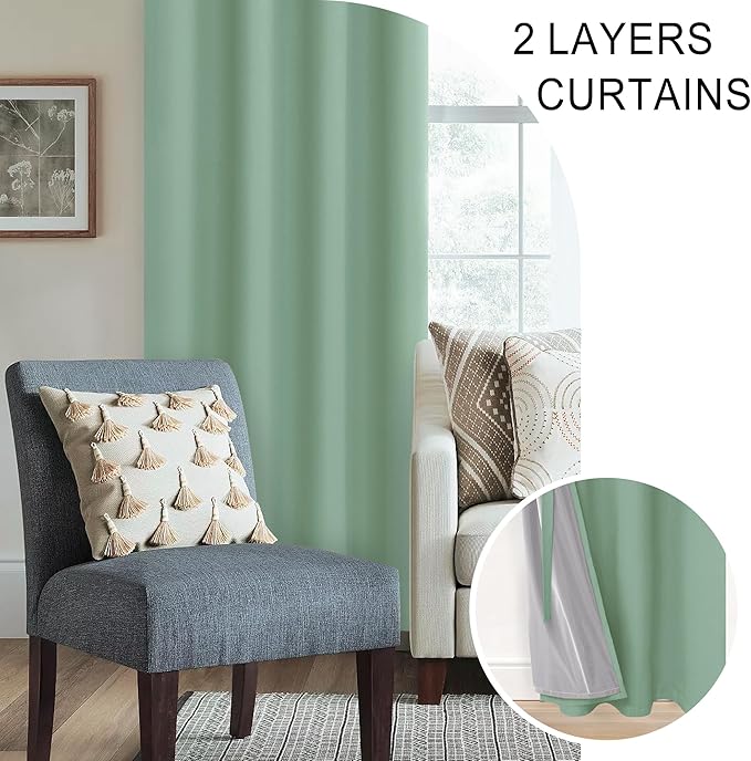 XWZO Full Blackout Curtains - Thermal Insulated Black Liner Curtains, Noise Reducing and Heat Blocking Drapes for Hall and Studio Large Windows with Tiebacks, Light Sage, W70 x L63, Set of 2