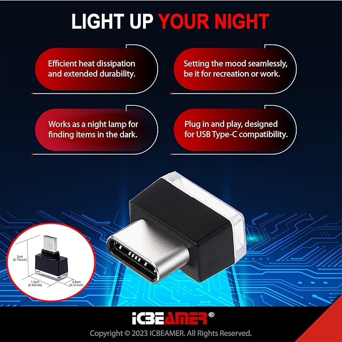 ICBEAMER Type C Adapters Atmosphere Light 1-Pack (Yellow) | Universal Plug-in Miniature LED Night Light for Car Interior and Trunk Ambient Lighting, Easy Installation, Energy Efficient