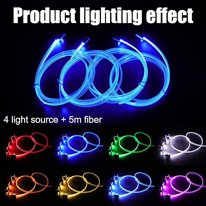 Car Ambient Lighting Optic Fiber 8 Colors Music Sound Active with RF Remote Control Car Decorative Atmosphere Lighting Kit DC 12V 1W 5m