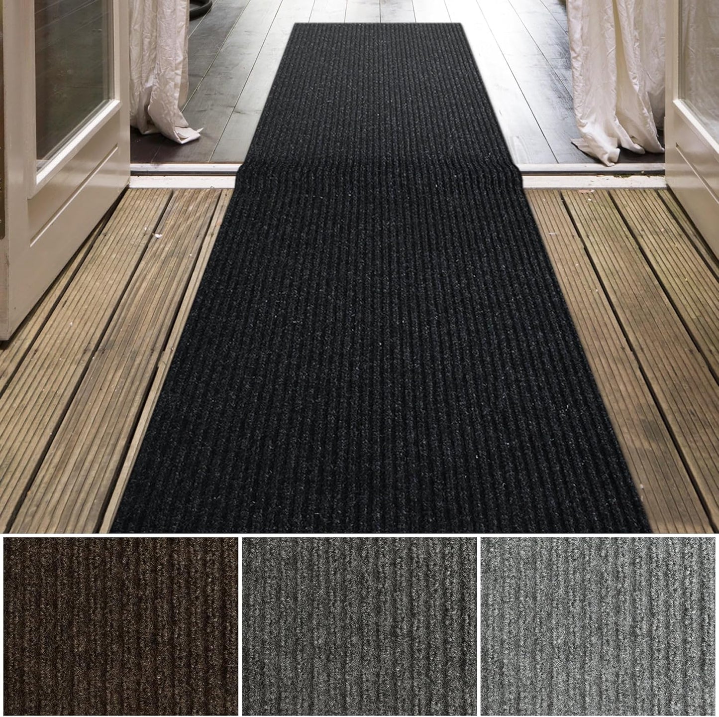 iCustomRug Spartan Weather Warrior Indoor/Outdoor Utility Ribbed Carpet Runner with Non-Slip Thermoplastic Rubber Backing, 4ft X 48ft in Black