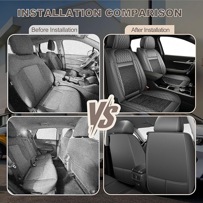 TTX LIGHTING for Ford Mustang 2007-2022 Car Seat Covers, Breathable Ice Silk & Leather Seat Protector, Cool & Anti-Sweat for Long Driving, Airbag Compatible, 2 Front Seats (Black&Gray)