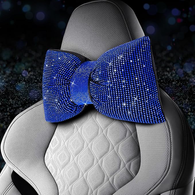 4 PCS Bling Car Pillows,Rhinestones Bowknot Car Headrest Pillow,Car Neck Pillow for Driver Relax Necksupport,Sleeping Travel Support Neck Pillow,Shiny Diamond Interior Accessories for Women,Blue