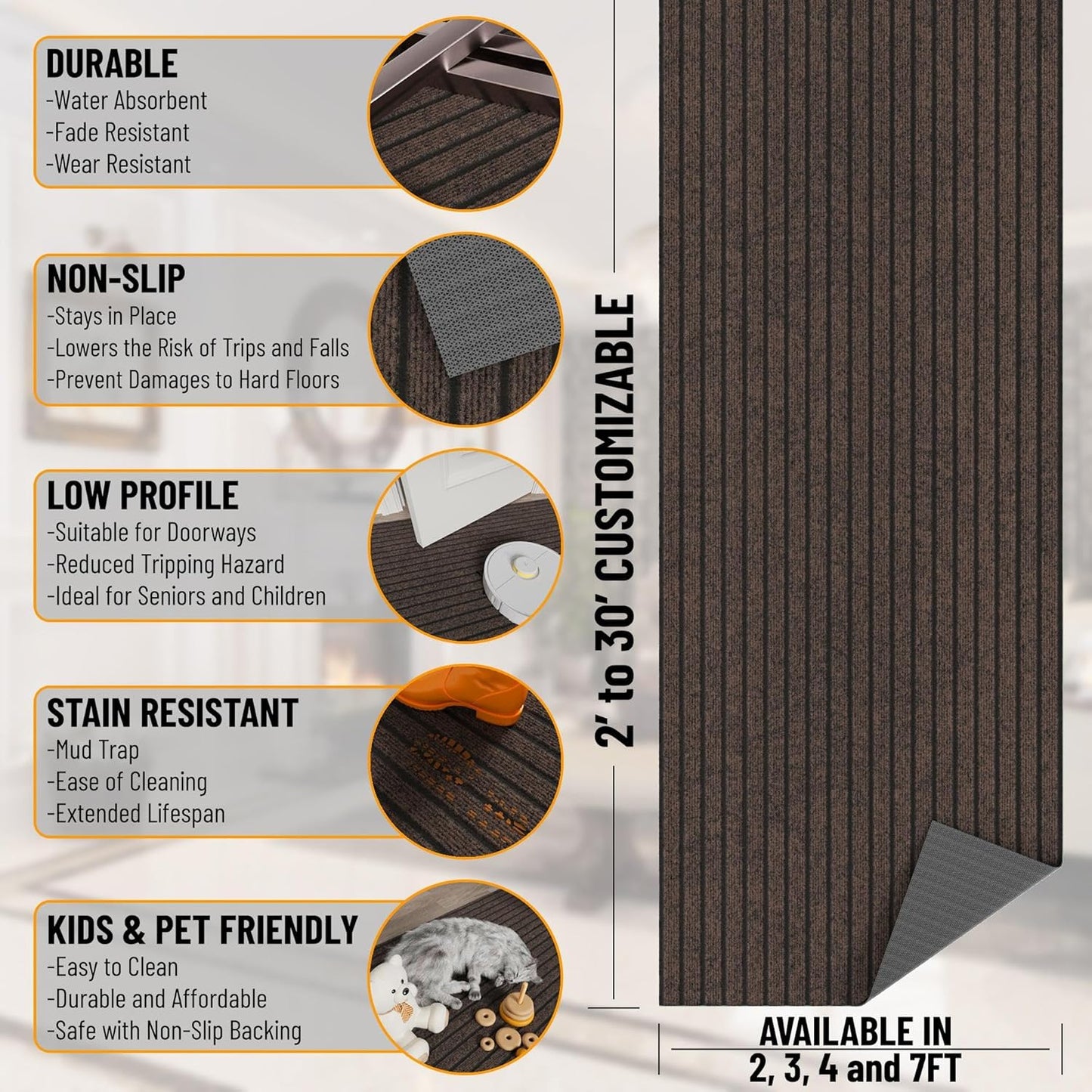 Ottomanson 2' x 12' Hallway Runner with Scraper Pile Extra Durable Non-Slip Rug Mat for Indoor & Outdoor Use - Ideal for Kitchen, Entryway, Patio & Garage - High-Traffic Carpet, Brown