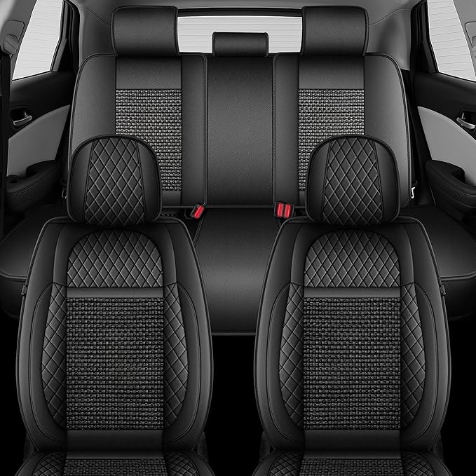 TTX LIGHTING for Hyundai Santa Fe 2007-2026 Car Seat Covers, Breathable Ice Silk & Leather Seat Protector, Cool & Anti-Sweat for Long Driving, Airbag Compatible, 5 Seats Full Set (Black)
