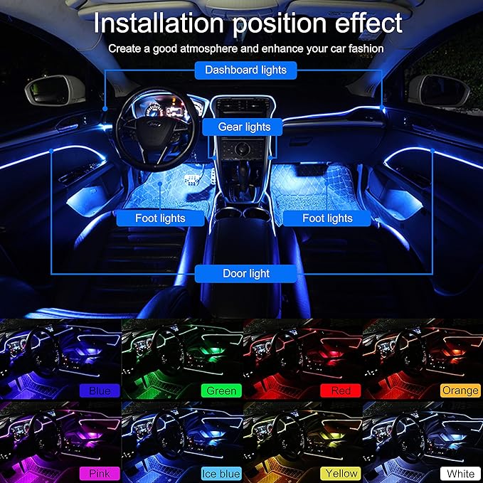 Car Ambient Lighting Kit 64 Colors Multicoloured Music Optic Fiber RF Remote + APP Control Car DIY Decorative Atmosphere Lighting DC 12V 1W 8m