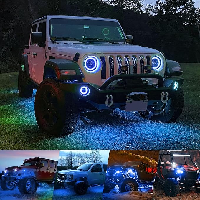 4WDKING Blue LED Rock Lights, 4 Pods IP68 Waterproof Underbody Glow Trail Rig Lamp LED Neon Lights for Truck Off Road Truck Car Boat ATV SUV Motorcycle