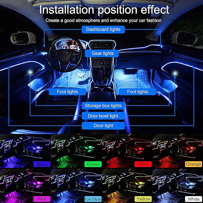 Car Interior Ambient Lighting Optic Fiber RGB 64 Colors Multicoloured Music Car Footwell Lighting Kit with Cigarette Lighter and App Microphone, 12-24V 3m