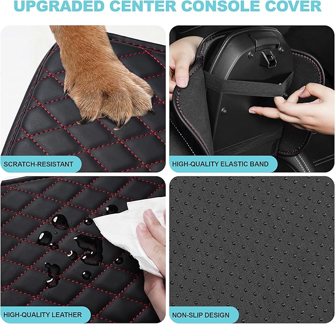 Center Console Cover Fit for Kia Optima 2006-2020 with 2 Storage Bags Waterproof Leather Quilted Pattern Car Armrest Cover Cushion Anti - Slip(Black&Red Line)