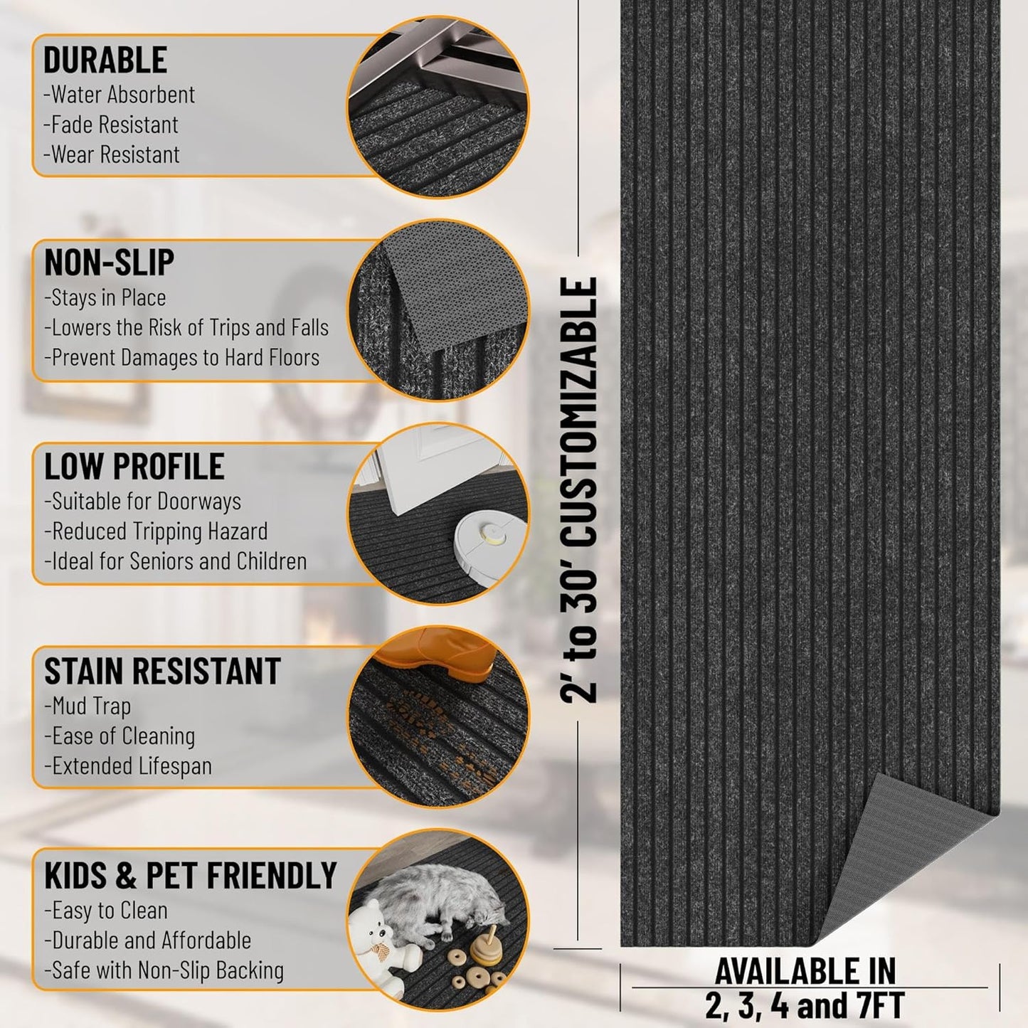 Ottomanson 2' x 35' Hallway Runner with Scraper Pile Extra Durable Non-Slip Rug Mat for Indoor & Outdoor Use - Ideal for Kitchen, Entryway, Patio & Garage - High-Traffic Carpet, Black
