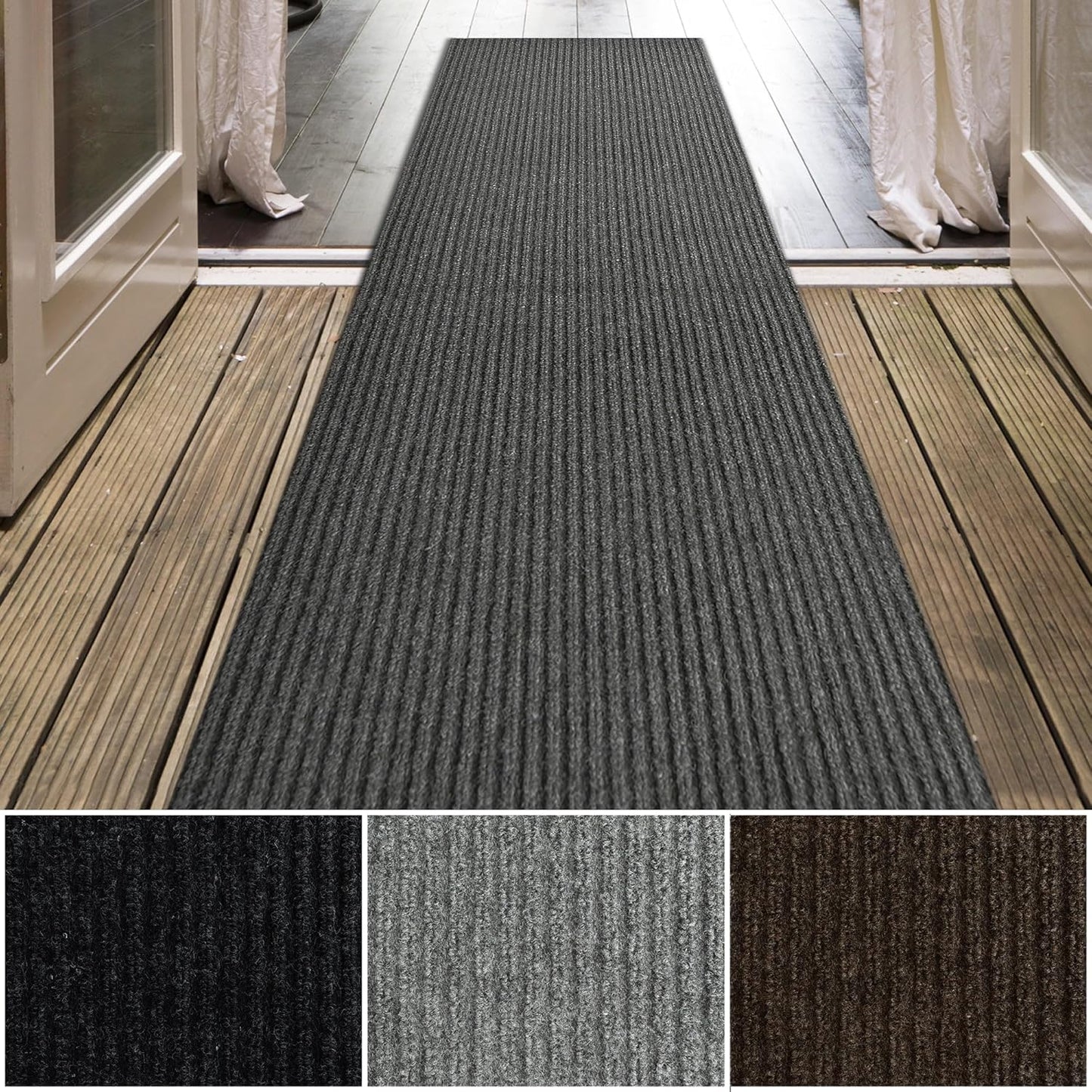 iCustomRug Spartan Weather Warrior Indoor/Outdoor Utility Ribbed Carpet Runner with Non-Slip Thermoplastic Rubber Backing, 3ft X 10ft in Charcoal