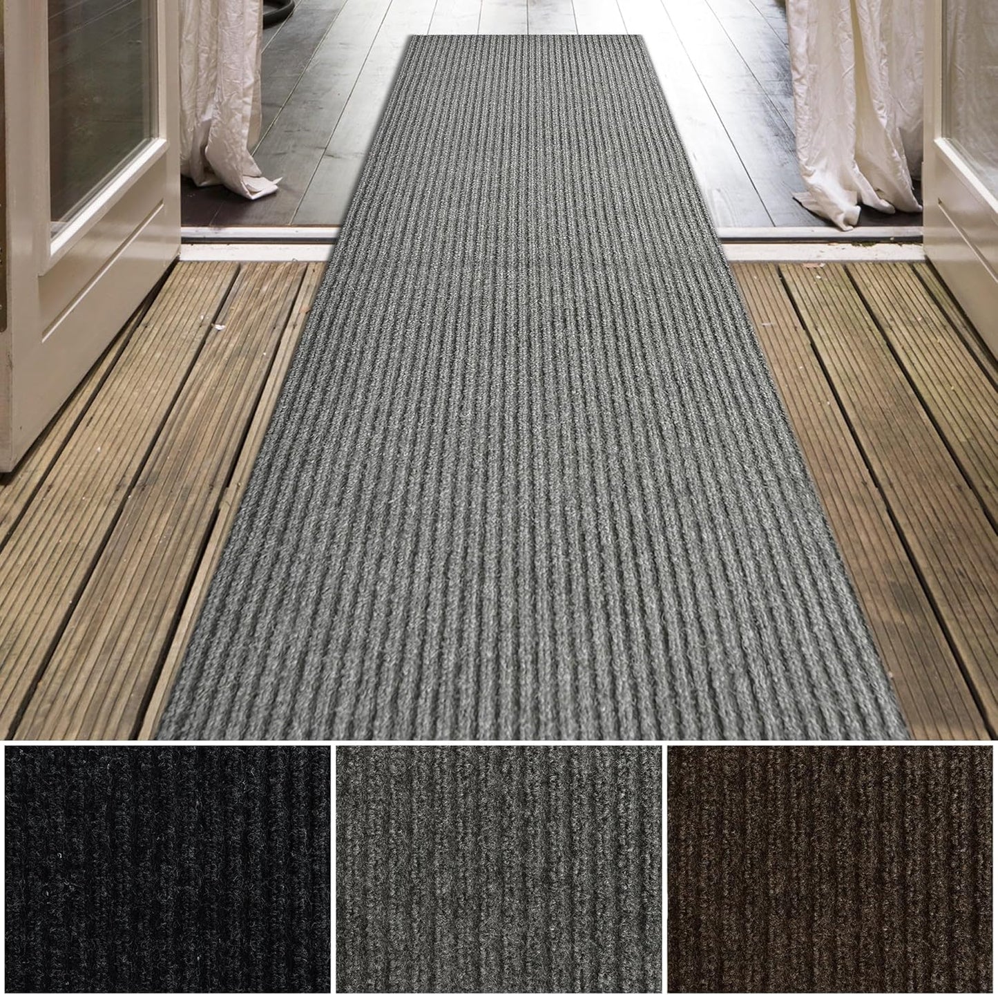 iCustomRug Spartan Weather Warrior Indoor/Outdoor Utility Ribbed Carpet Runner with Non-Slip Thermoplastic Rubber Backing, 3ft X 12ft in Grey