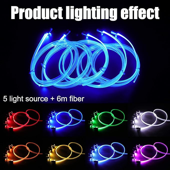 Car Ambient Lighting Optic Fiber 8 Colors Music Sound Active with RF Remote Control Car Decorative Atmosphere Lighting Kit DC 12V 1W 6m