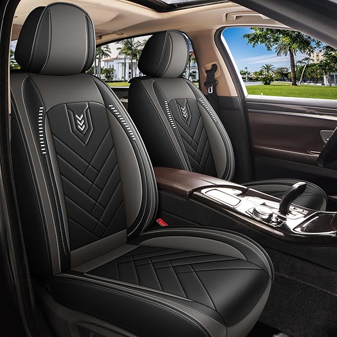 AOMSAZTO Front Seat Covers Fit for Nissan Juke 2011-2017 Waterproof Faux Leather Car Seat Cover Compatible with Airbag(2PCS Front, Black&Grey)