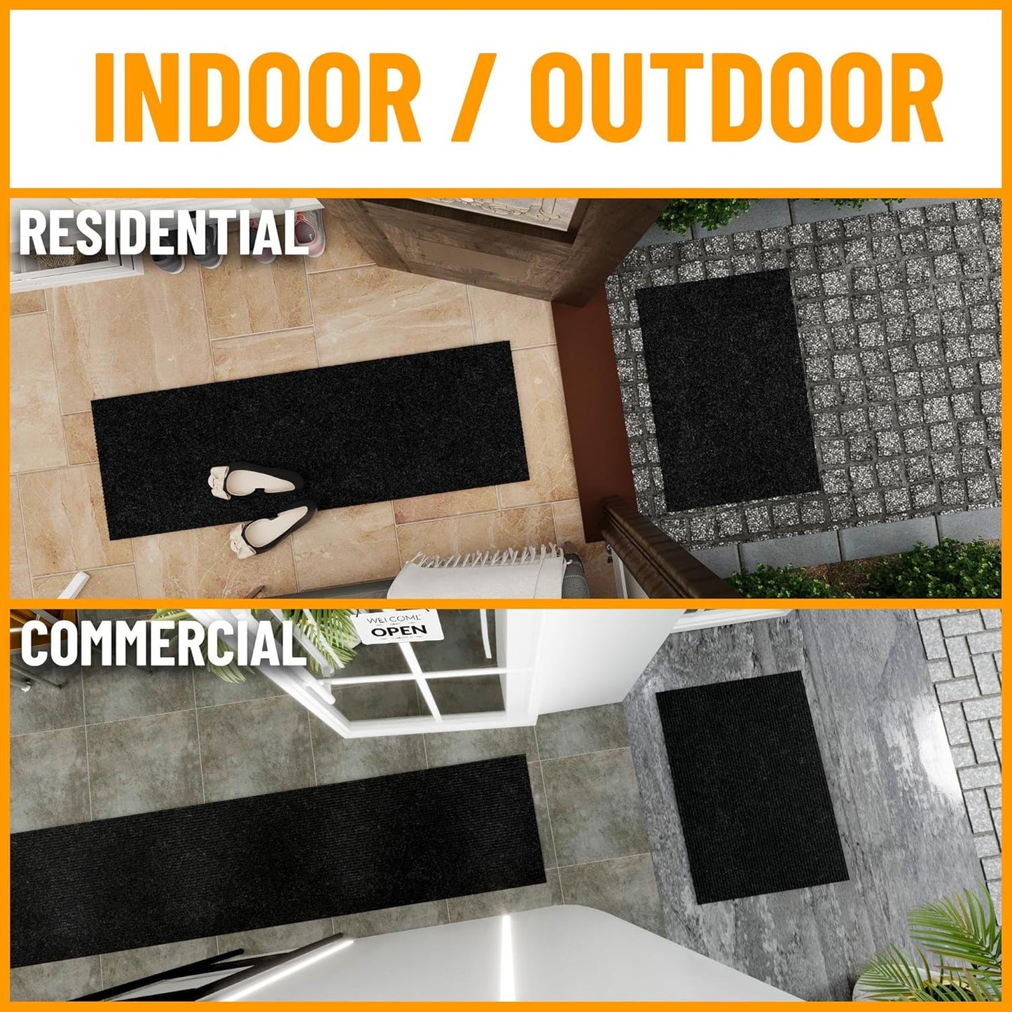 Ottomanson 2' x 48' Hallway Runner with Scraper Pile Extra Durable Non-Slip Rug Mat for Indoor & Outdoor Use - Ideal for Kitchen, Entryway, Patio & Garage - High-Traffic Carpet, Black