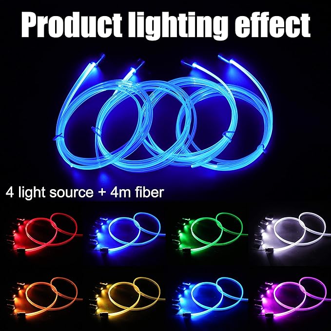 4 Meters Optic Fiber Car Ambient Lighting with Bluetooth App Control + RF Remote Control 64 Colors Multicoloured Music Interior Lighting Kit DC 12V 1W
