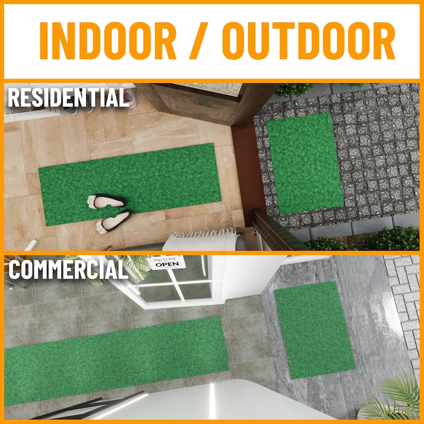 Ottomanson 2'7" x 19' Hallway Runner with Scraper Pile - Extra Durable Non-Slip Rug Mat for Indoor & Outdoor Use - Ideal for Kitchen, Entryway & Garage - High-Traffic Carpet, Green
