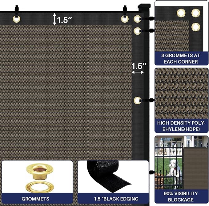 Windscreen4less Privacy Fence Screen Heavy Duty Windscreen Fencing Mesh Fabric Shade Net Cover with Brass Grommtes for Outdoor Wall Garden Yard Pool Deck, 8'x161' Brown
