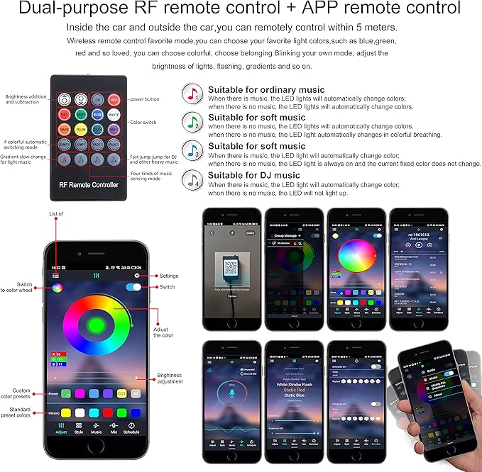 64 Colors Car Ambient Lighting Footwell RF Remote + APP Control Multicoloured Music Car Atmosphere Decorative Lighting Kit 1W DC 12V-24V