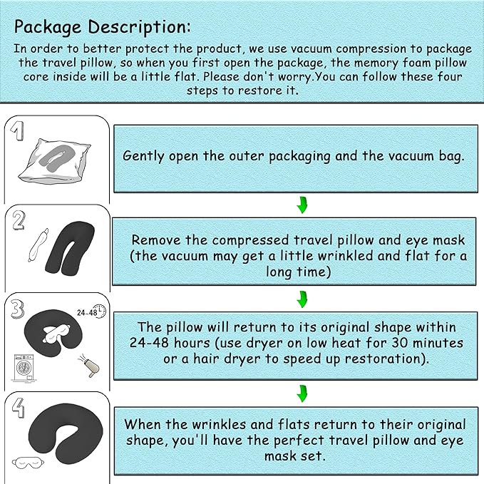 Sexysamba Pure Memory Foam Travel Pillow Set for Adults - Comfortable & Removable Machine Washable Cover, Neck Support Pillow Airplane Travel Kit with Eye Mask for Portable Plane Accessories - Grey