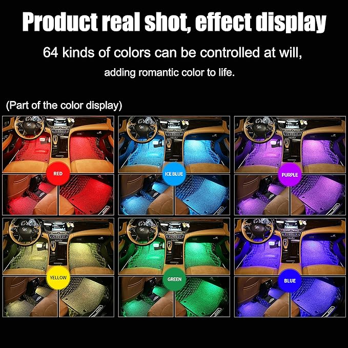 RGB Car Footwell Ambient Lighting Kit Car Charger + USB 16.7 Millions Colors Sound Active Music Sync APP Control Car Interior Multicolored Footwell Atmosphere Light 12V
